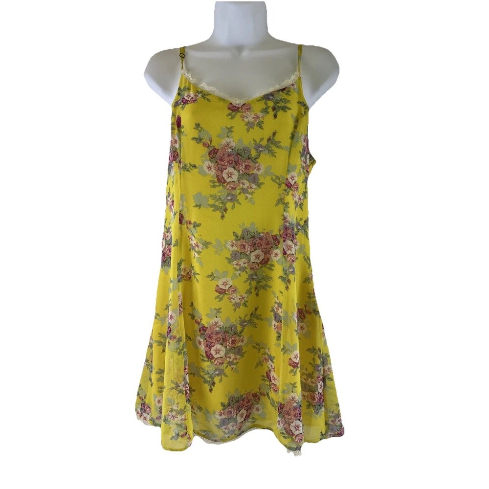 Lucca Couture Chiffon Yellow Floral Slip Dress Lace Trim Adjustable Women Medium